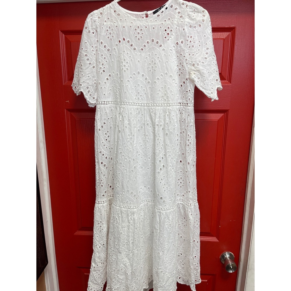 O.P.T. White Eyelet Midi Dress Short Sleeve Tiered Cotton Small